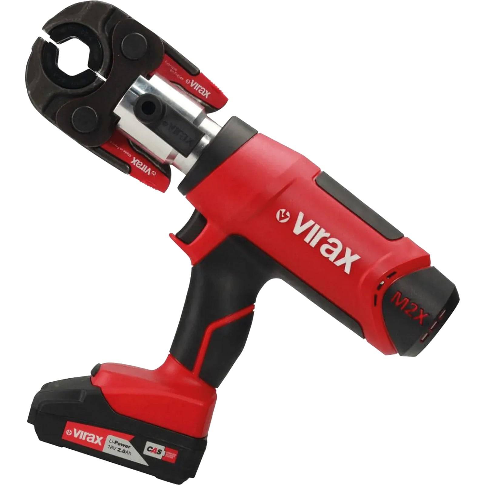 Ein rot-schwarzes Handwerkzeug mit Elektroantrieb, auf dem der Markenname 'Virax' sichtbar ist. Das Werkzeug ist für das Crimpen oder Schneiden konzipiert.