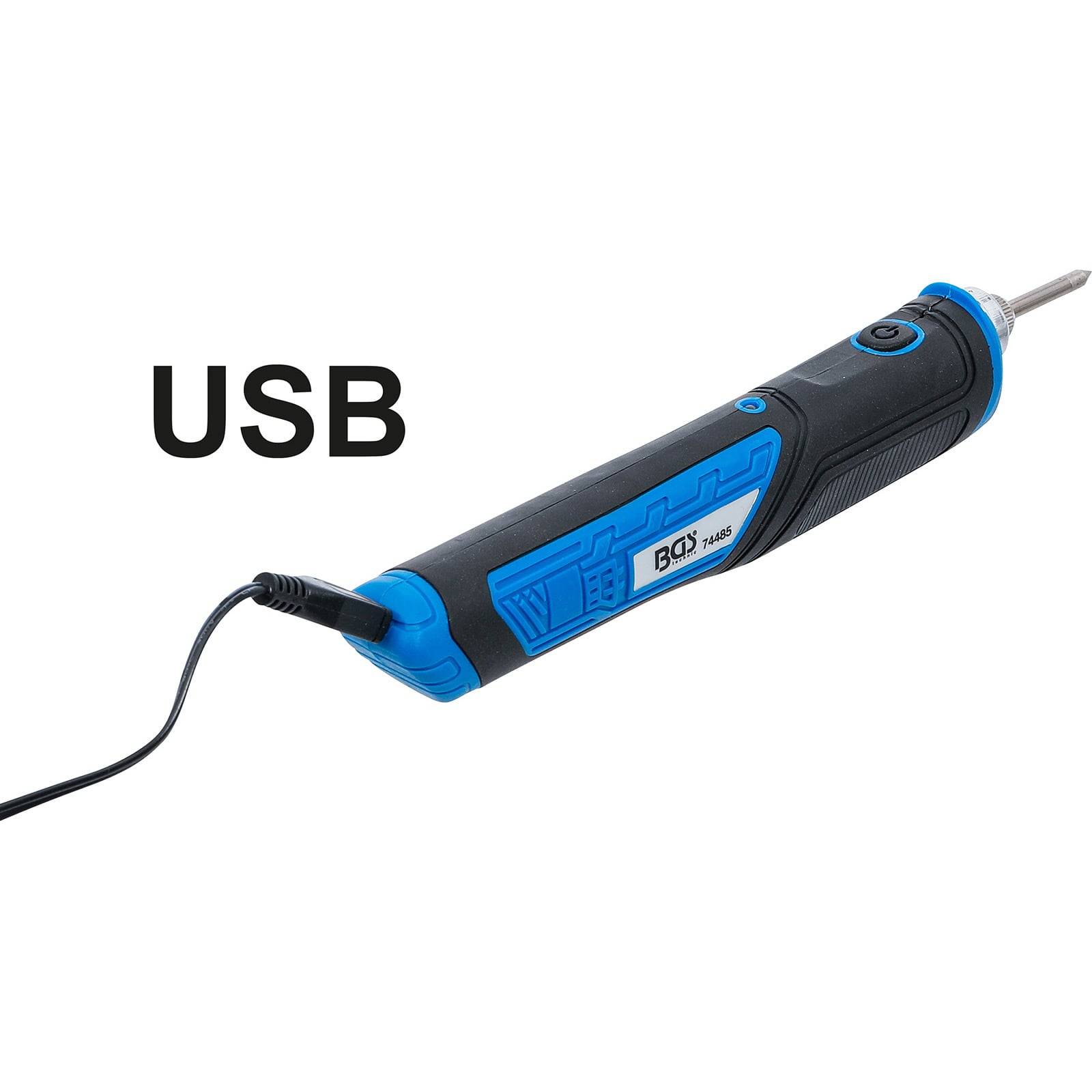 Ein blau und schwarz gehaltener, USB-betriebener Lötkolben mit angeschlossenem USB-Kabel, mit der Aufschrift 