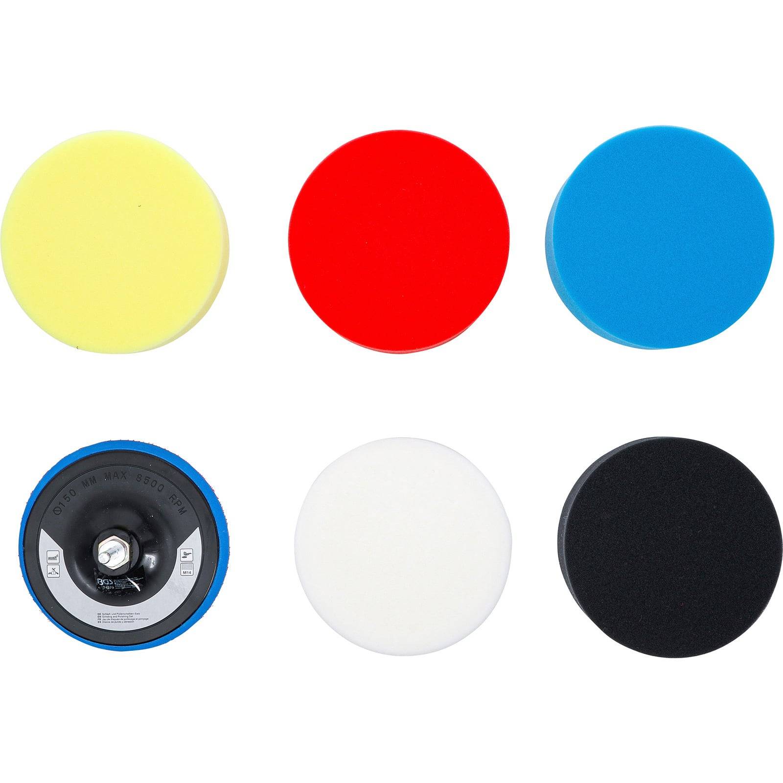 Sechs runde Polierpads: gelbe, rote, blaue, schwarze und weiße Texturen, plus ein schwarzrückiger Pad mit einer Metallbefestigung.