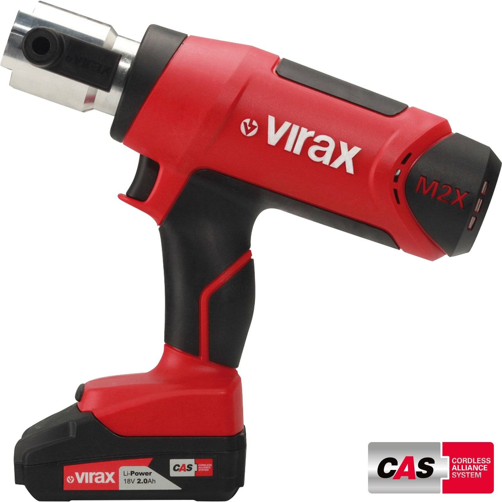 Roter Virax Elektrowerkzeug mit Akku-Pack, beschriftet mit '18V 2.0Ah', Modell 'M2X', mit Markensignet und Logo des kabellosen Allianz-Systems.