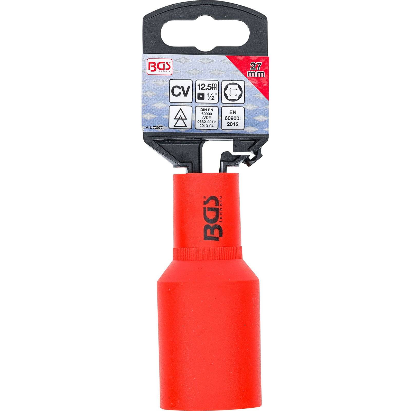 BGS 27-mm-Stecknuss-Werkzeuganbau, 12,5 mm (1/2 Zoll), Standardgröße angegeben, roter Griff für Halt, für mechanische Anwendung konzipiert.