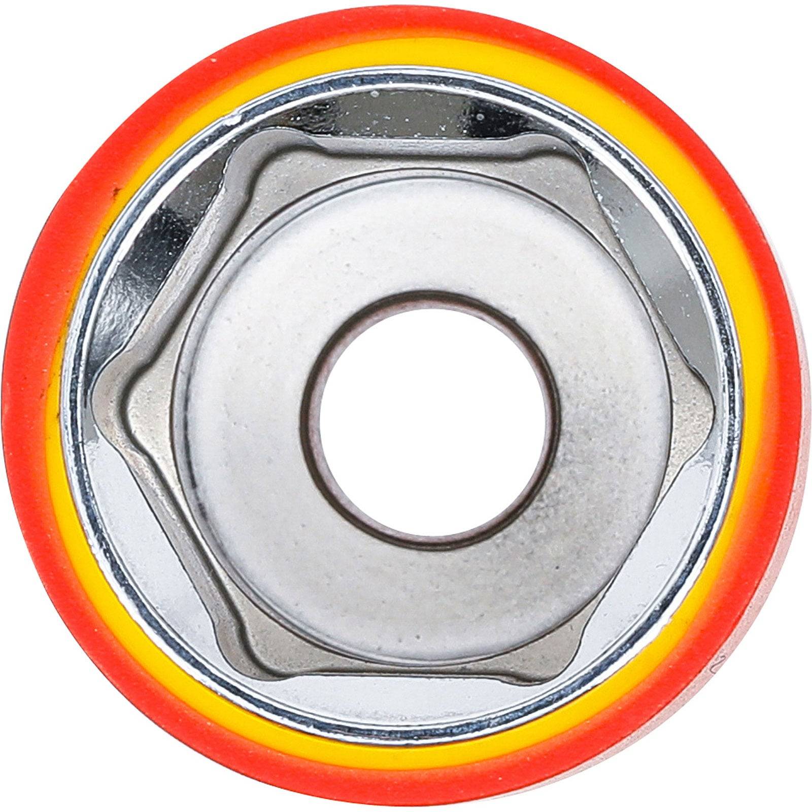 Eine Nahaufnahme einer Kugellager mit inneren metallischen Komponenten, die von einem orange-gelben Gummigehäuse umgeben sind.