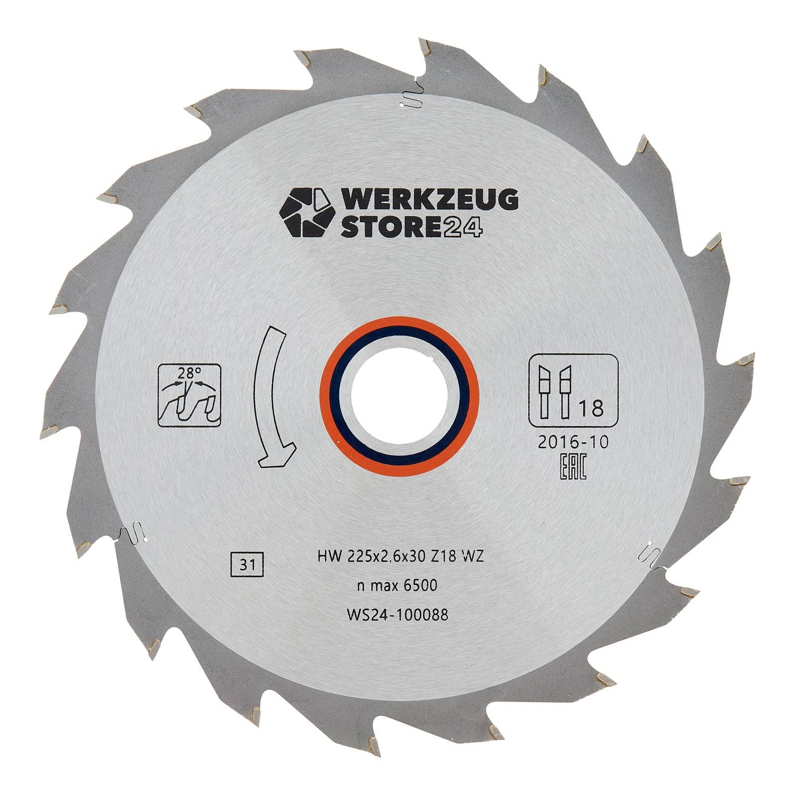Kreissägeblatt mit Logo der Marke 'Werkzeug Store24'. Merkmale umfassen: HW 225x2,6x30 Z18 WZ, max. 6500 U/min, WS24-100088, 2016-10.
