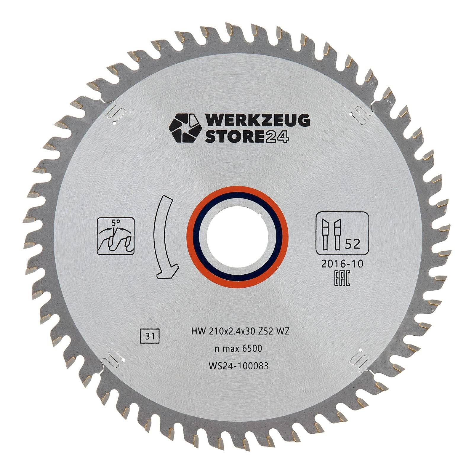 Kreissägeblatt mit 'Werkzeug Store 24' Logo und Spezifikationen: HW 210x2.4x30 Z52 WZ, max 6500 U/min, 31, WS24-100083.
