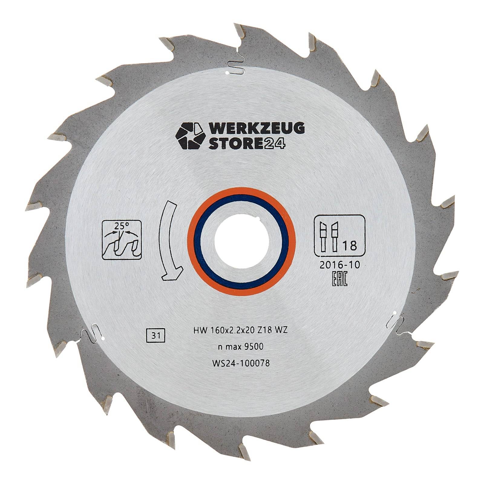 Eine Kreissägeblatt mit gezahnten Kanten, beschriftet mit 'Werkzeug Store 24 HW 160x2.2x20 Z18 WZ'. Markierungen beinhalten Geschwindigkeit 'n max 9500'.