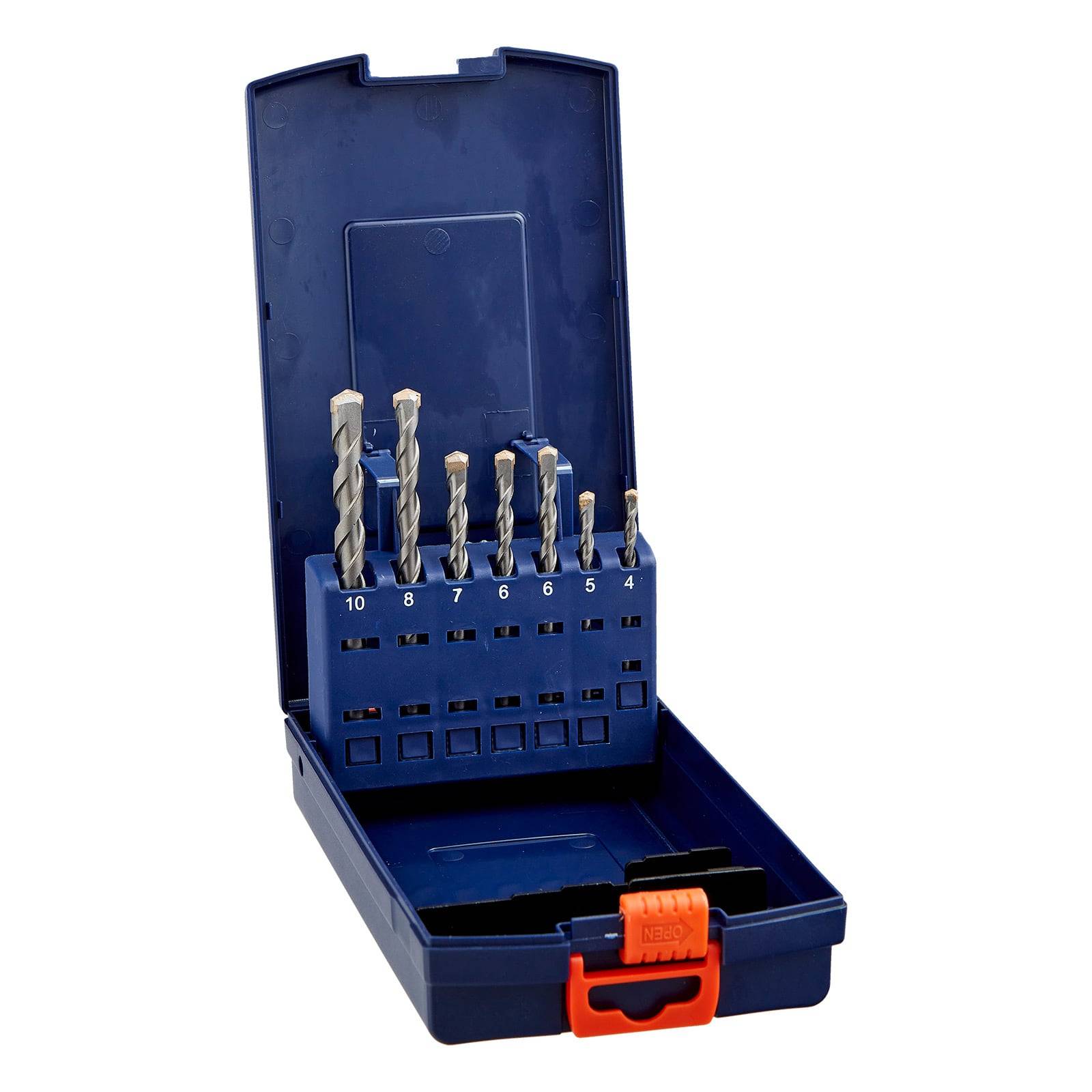 Eine blaue Kunststoffbox mit acht Bohrern unterschiedlicher Größen, von 4 bis 10 beschriftet, für präzises Bohren konzipiert, mit einem roten Verschluss.