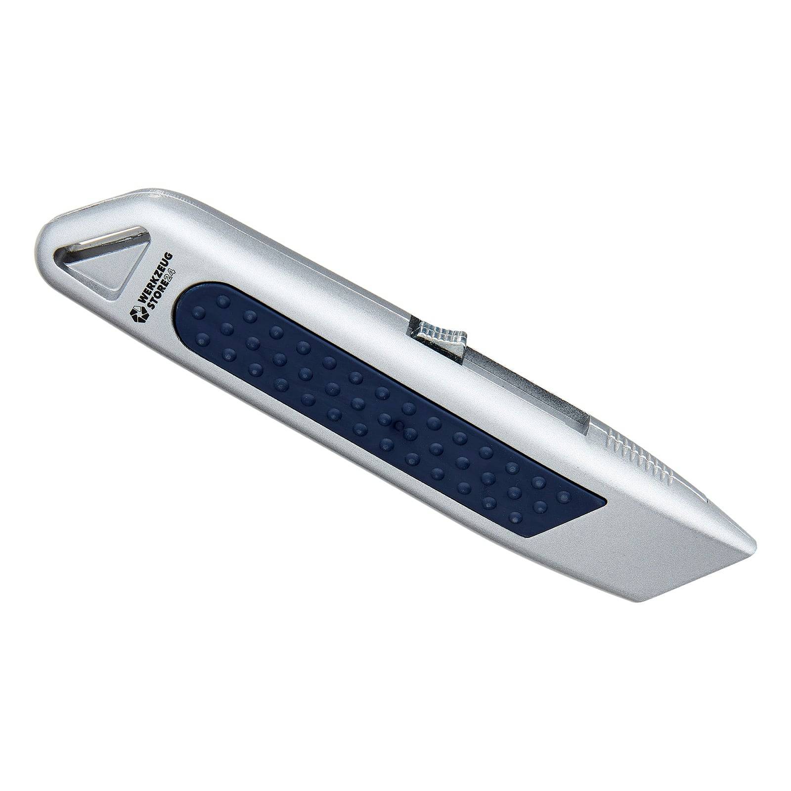 Ein Universalmesser mit einem blauen strukturierten Griff und einer einziehbaren Klinge, entwickelt zum Schneiden von Materialien wie Karton oder Kunststoff.