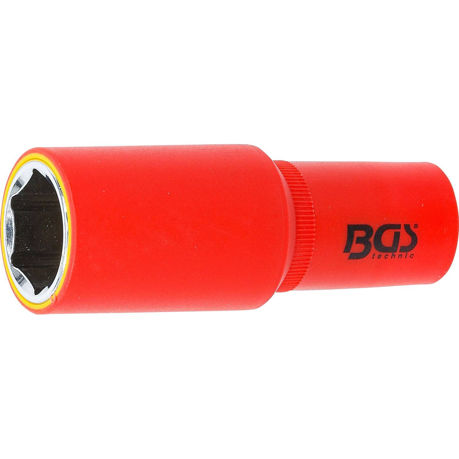 Ein rotes Schutz-Steckschlüssel-Werkzeug mit dem 'BGS'-Logo, entwickelt zum sicheren Anziehen oder Lösen von Muttern an Fahrzeugrädern und zum Schutz von Oberflächen.