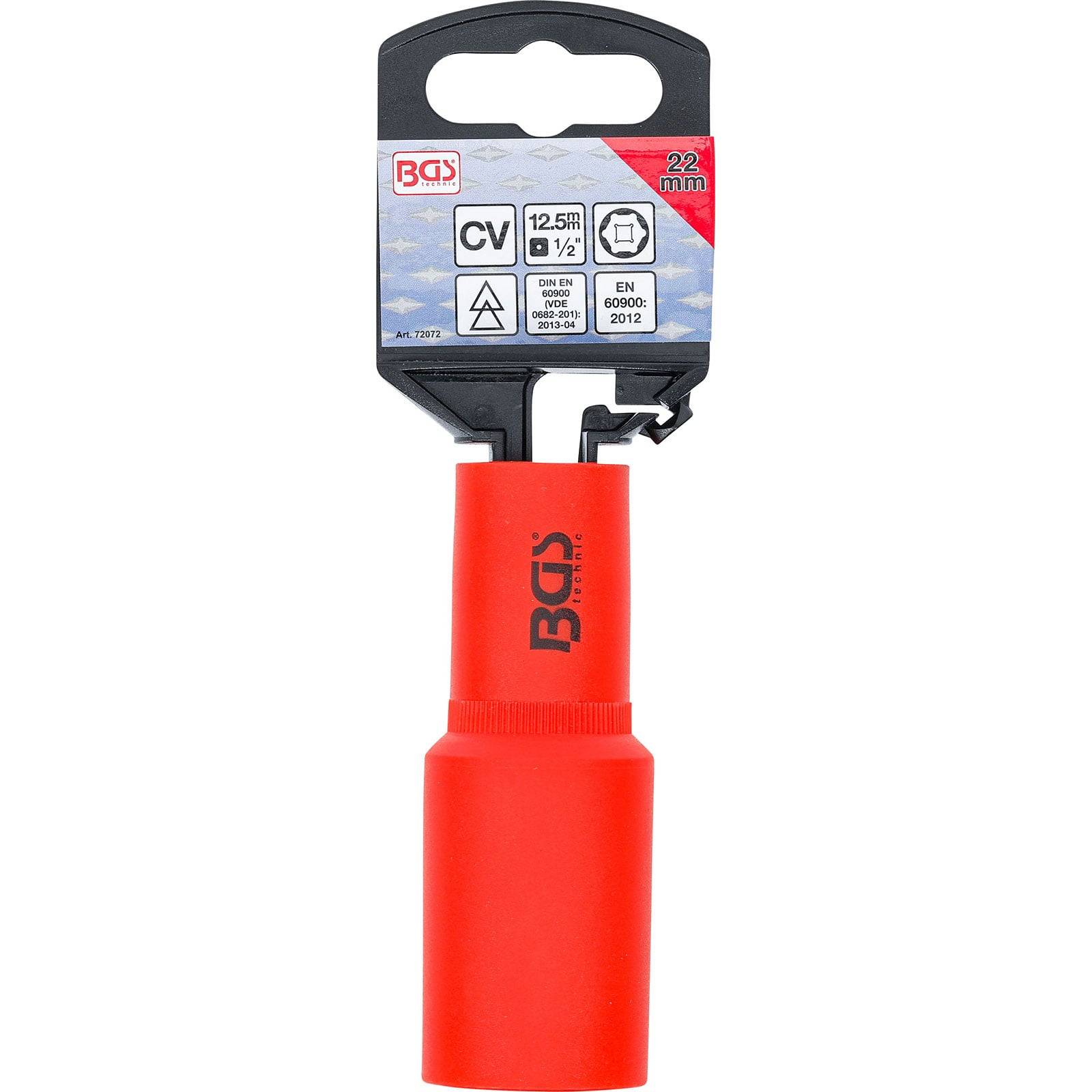 Ein roter 22-mm-Zündkerzenschlüssel mit dem 'BGS'-Logo, angebracht an einem schwarz-weißen Etikett mit technischen Spezifikationen und Zertifizierungen.