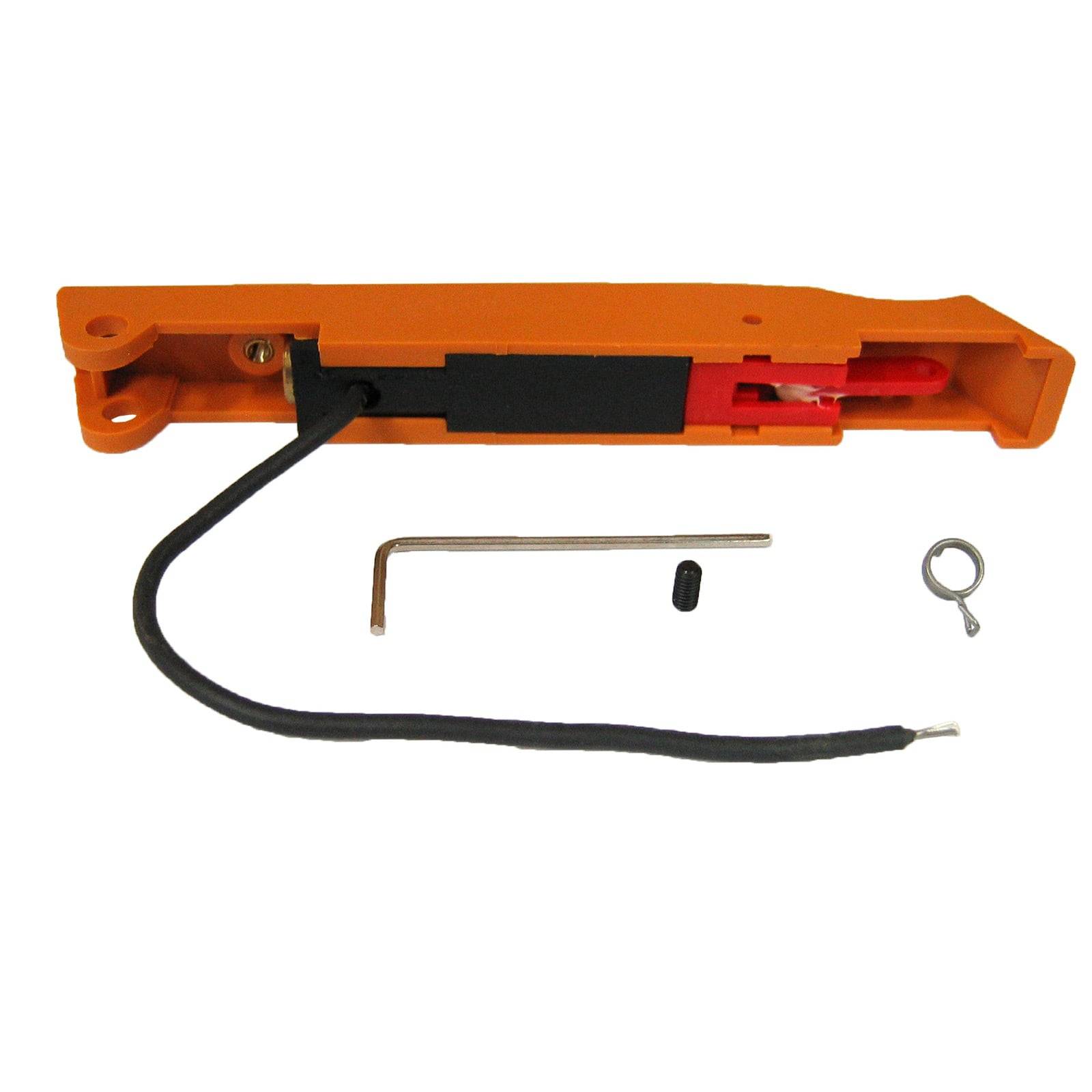 Orangefarbene Abzugseinheit mit angeschlossenem Kabel, Inbusschlüssel, schwarzer Schraube und silbernem Clip, die auf einem weißen Hintergrund präsentiert werden.