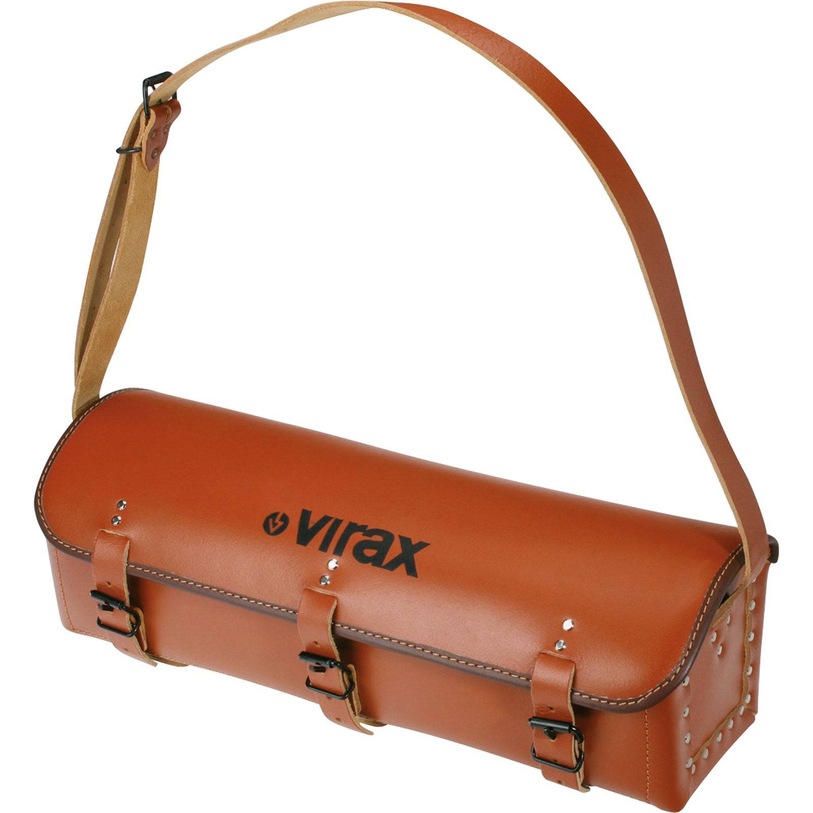 Werkzeugtasche aus braunem Leder der Marke 'Virax' mit langem Trageriemen und Schnallenverschlüssen.
