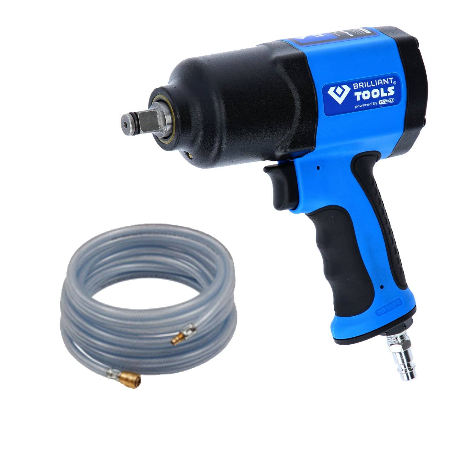 Ein elektrischer Schlagschrauber mit blauem Griff und schwarzem Gehäuse, begleitet von einem spiralförmigen Druckluftschlauch.