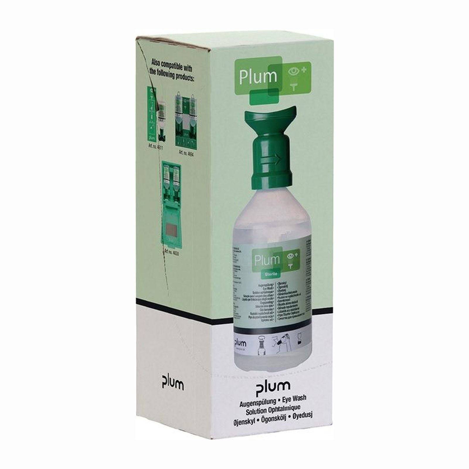 Eine Augenschleimhautspüllösung mit grünem Verschluss, gezeigt in ihrer Verpackung. Die Schachtel zeigt Anleitsungsbilder und Kompatibilitätsinformationen.