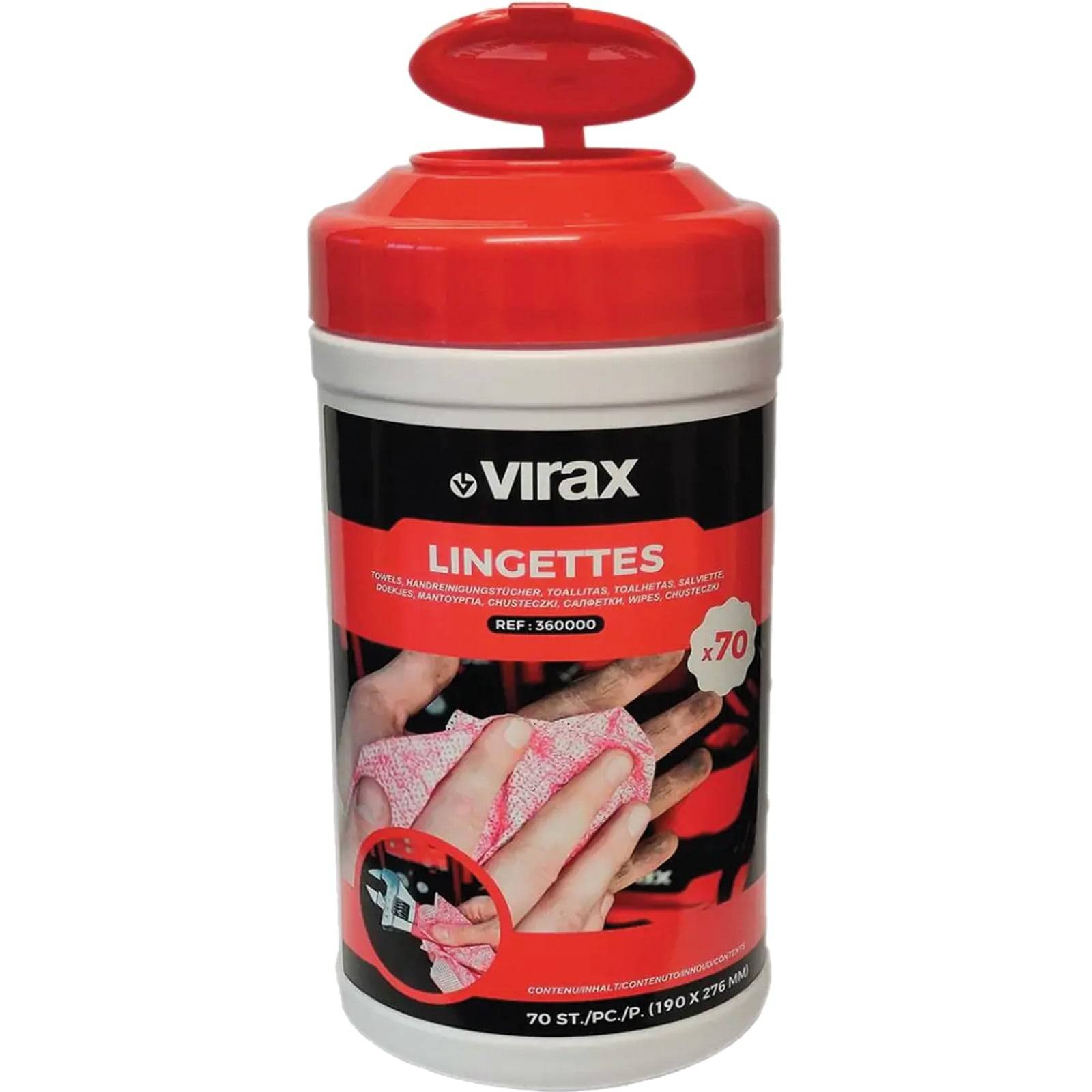Behälter von 'Virax Lingettes', rotes Deckel, 70 Tücher pro Packung, zur Handreinigung, rotes und schwarzes Etikett mit Abbildungen von Handreinigung.