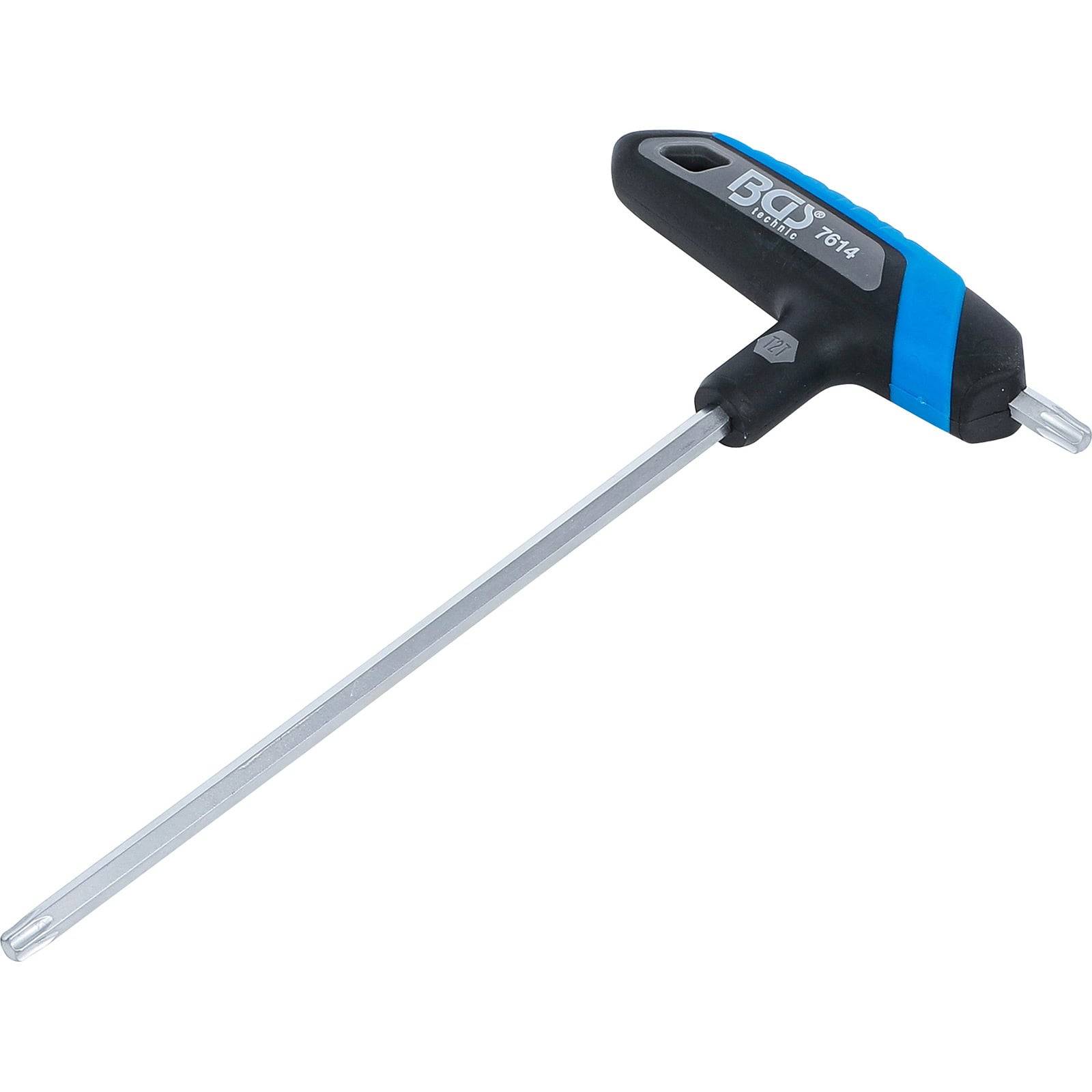 Ein T-Griff-Sechskantschlüssel mit einer langen Metallschaftachse und einem schwarz-blauen Kunststoffgriff, verwendet zum Anziehen oder Lösen von Innensechskantschrauben.