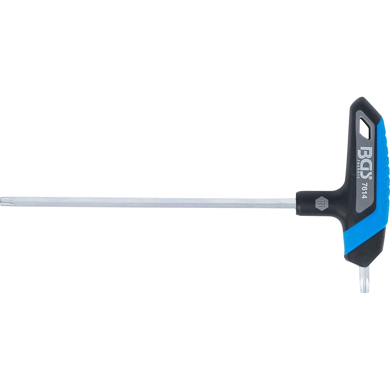 T-Griff-Torx-Schlüssel mit blauem und schwarzem Griff. Der lange silberfarbene Schaft endet in einer sechszackigen Sternspitze, wird zum Anziehen oder Lockern von Torx-Schrauben verwendet.