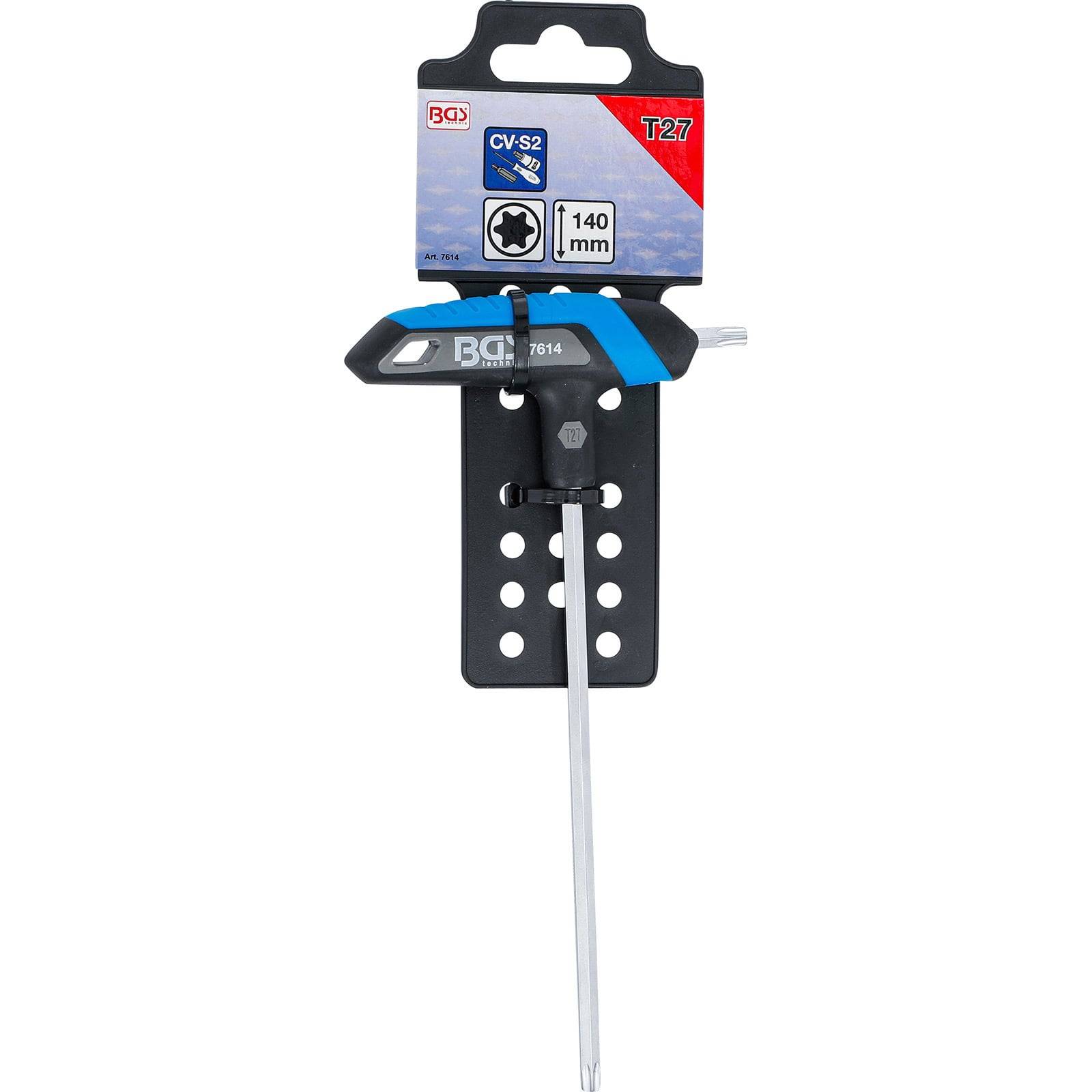 T-Griff-Torx-Schraubendreher, T27, 140mm, hängend auf Display-Verpackung mit Markenlogo und Produktdetails.