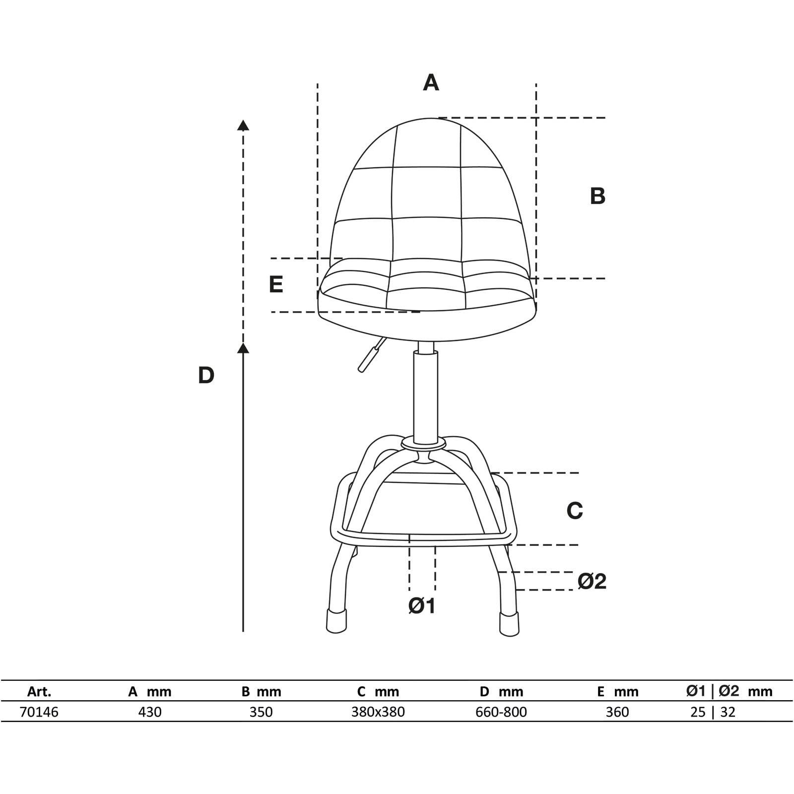 Diagramm eines verstellbaren Hockers mit beschrifteten Teilen: A (430 mm), B (350 mm), C (380-380 mm), D (660-800 mm), E (360 mm), Ø1 (25 mm), Ø2 (32 mm).