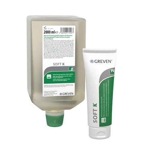 Zwei Greven 'Soft K' Hautpflegeprodukte: eine große 2000-ml-Nachfüllflasche und eine kleinere Tube, beide in weißer und grüner Verpackung.