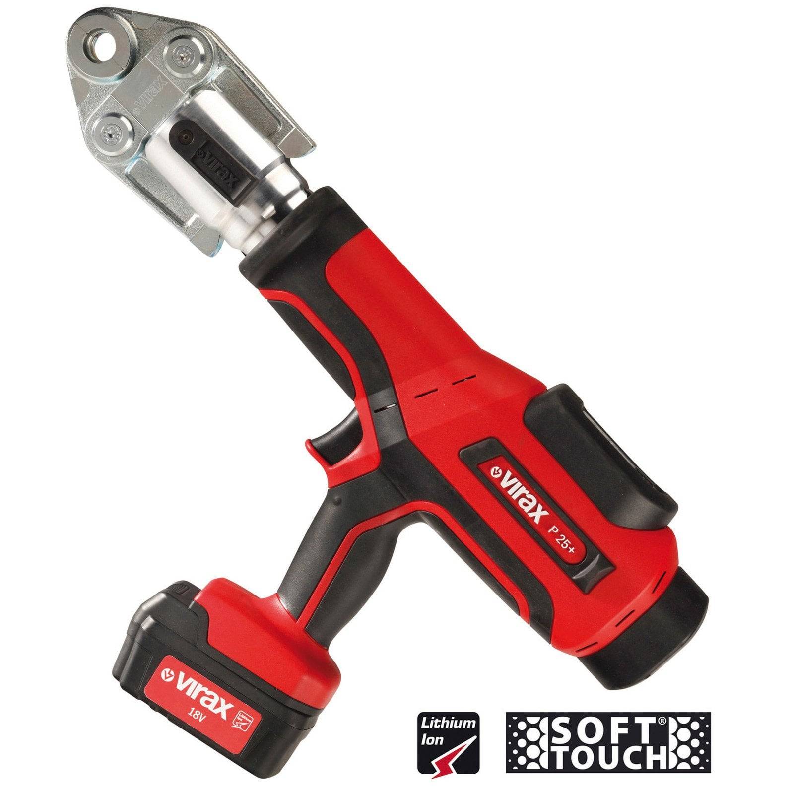 Rot-schwarze elektrische Crimpzange der Marke 'Virax' mit einem 18V Lithium-Ionen-Akku. Logos weisen auf 'Lithium Ion' und 'SOFT TOUCH' hin.