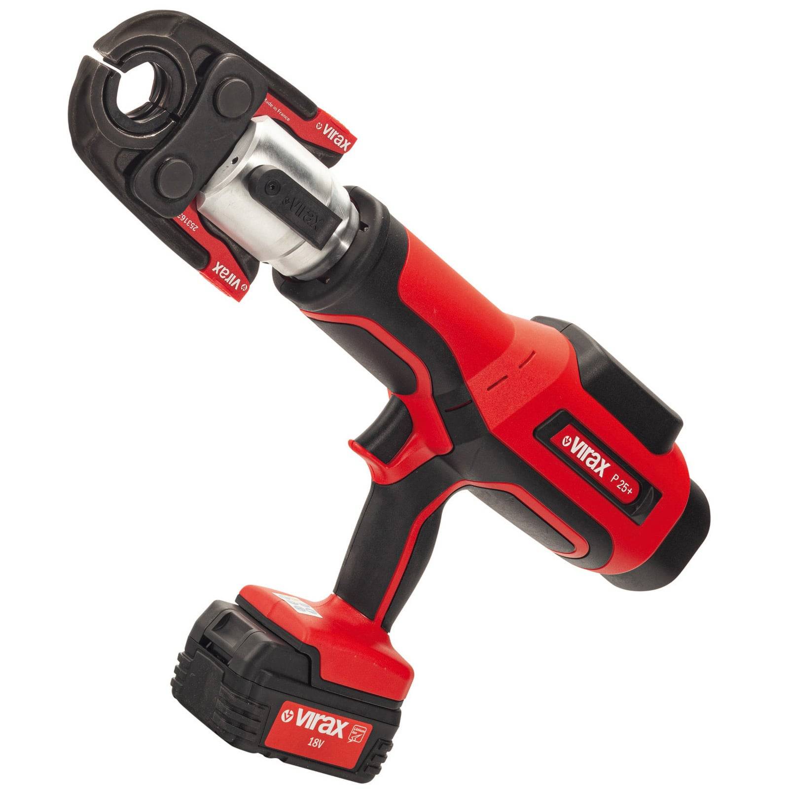 Ein rot-schwarzer kabelloser hydraulischer Crimpwerkzeug mit einer 15V-Batterie, entwickelt für effiziente und präzise Crimpaufgaben.