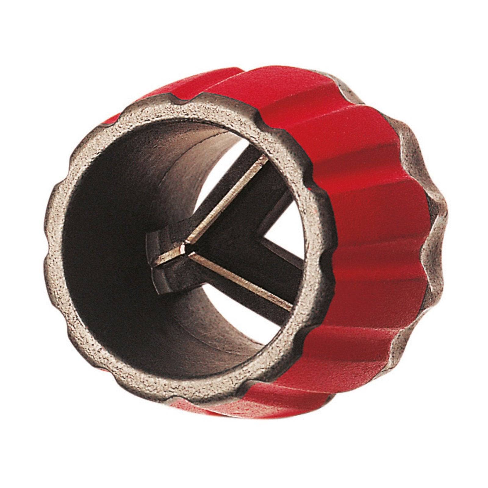 Roter Rohrentgrater mit gezackter Kante, entwickelt zum Entfernen von Graten an geschnittenen Rohrenden. Häufig in der Sanitär- und Metallverarbeitungsindustrie verwendet.