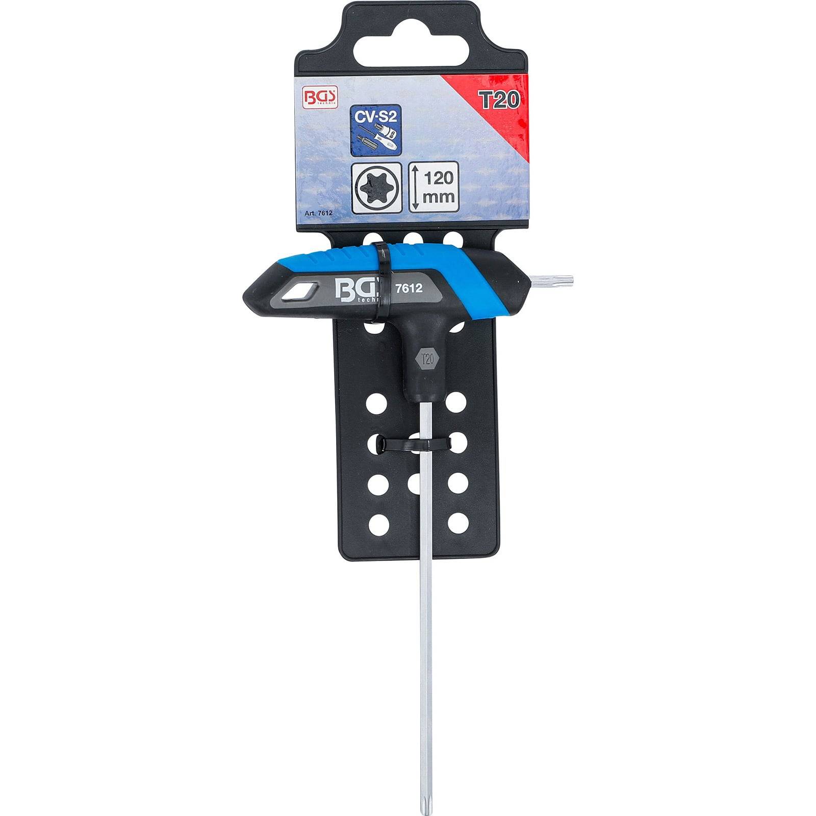 T-Griff-Schraubendreher mit 'T20'-Markierung und 120 mm Länge. Der Griff ist blau und schwarz mit Branding. An der Verpackung mit Produktdetails befestigt.