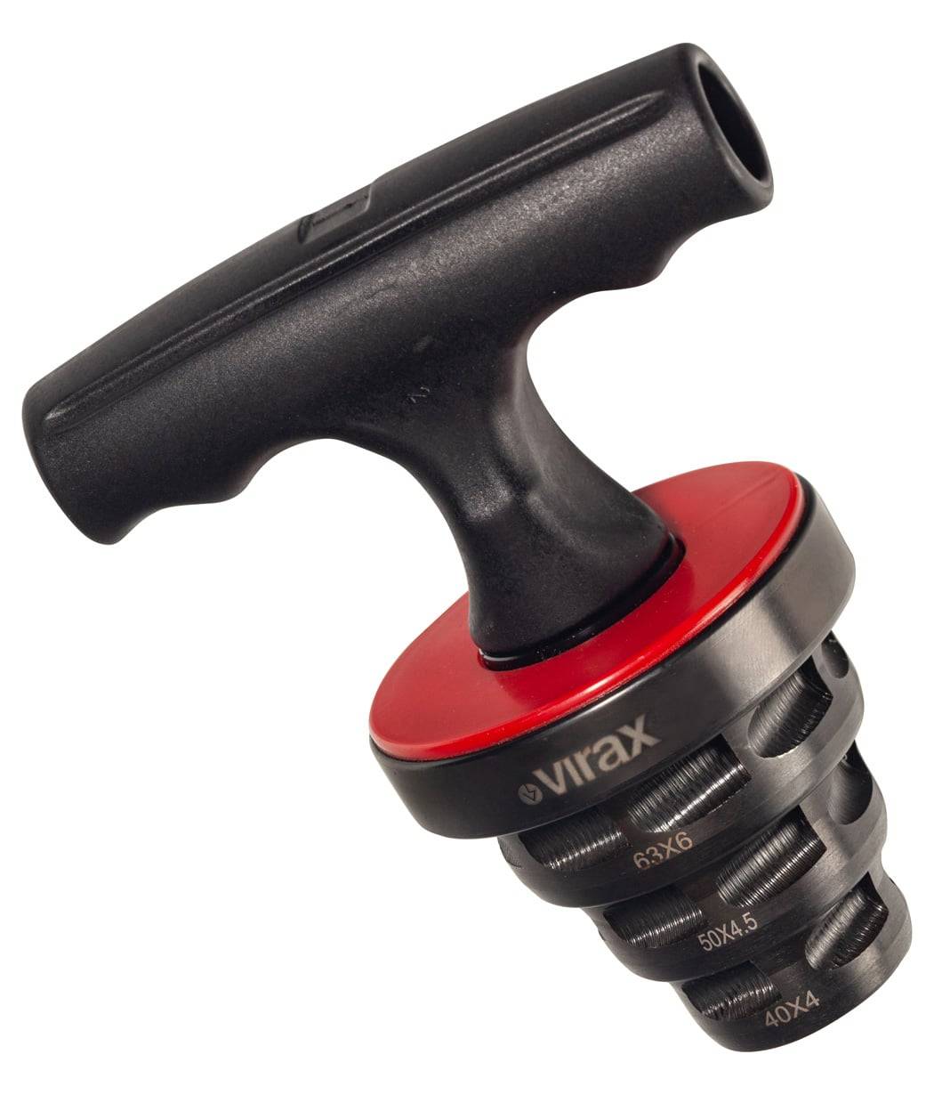 Ein T-förmiges Handwerkzeug mit drei Schneidklingen, gekennzeichnet mit 'virax', entwickelt für Rohrleitungs- oder Rohranpassungen.