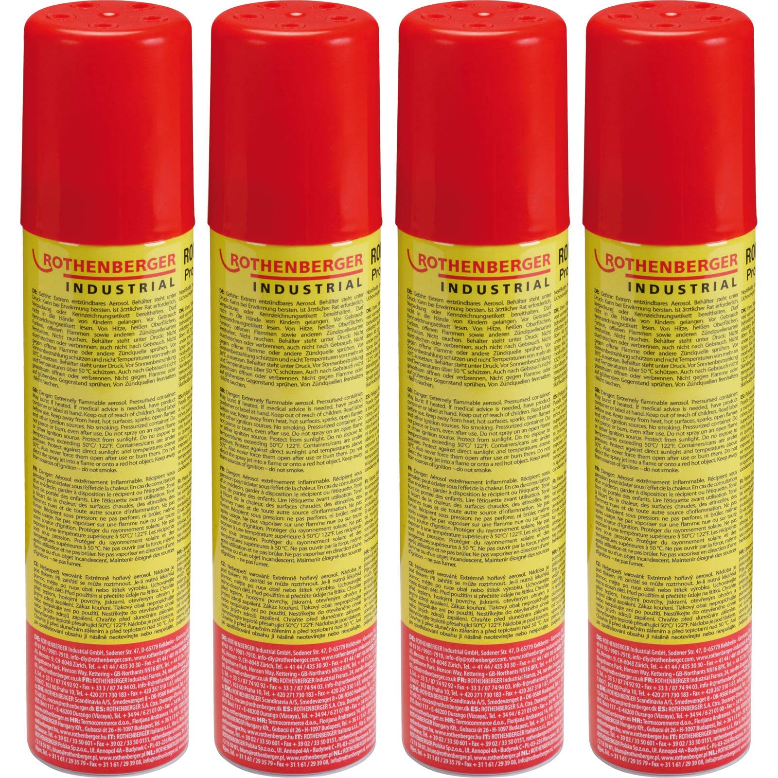 Vier rote und gelbe Dosen von 'ROTHENBERGER Industrial' Propangas, in einer Reihe angeordnet.