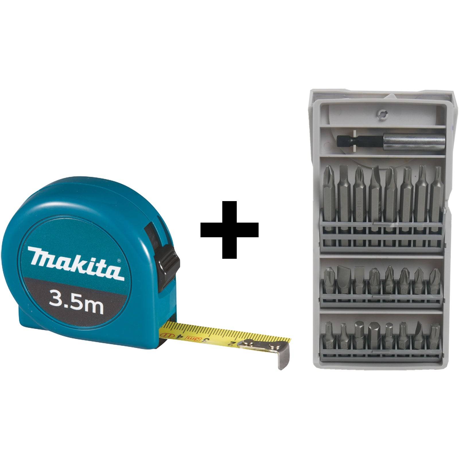 Maßband mit 3,5 m Länge und ein Set von Präzisionsschraubenbits, nebeneinander in einem Werbebild dargestellt.