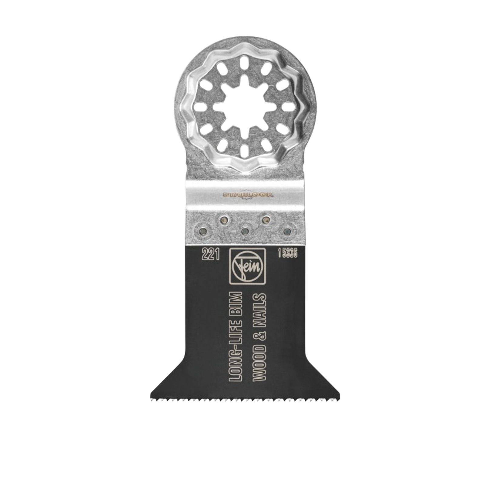 Eine oszillierende Sägeblatt mit der Beschriftung ‚Long-Life BIM Wood & Nails', entwickelt zum Schneiden von Holz und Nägeln, mit einem sternförmigen Befestigungsende.