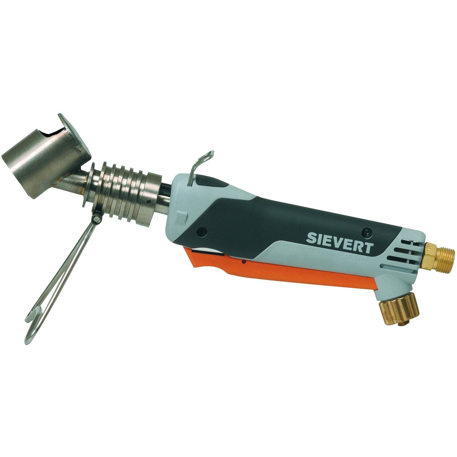 Gasbrenner mit einem grauen und schwarzen Gehäuse, beschriftet mit 'Sievert', ausgestattet mit einer silbernen Düse und einem orangefarbenen Zündknopf. Verwendet für Heizaufgaben.