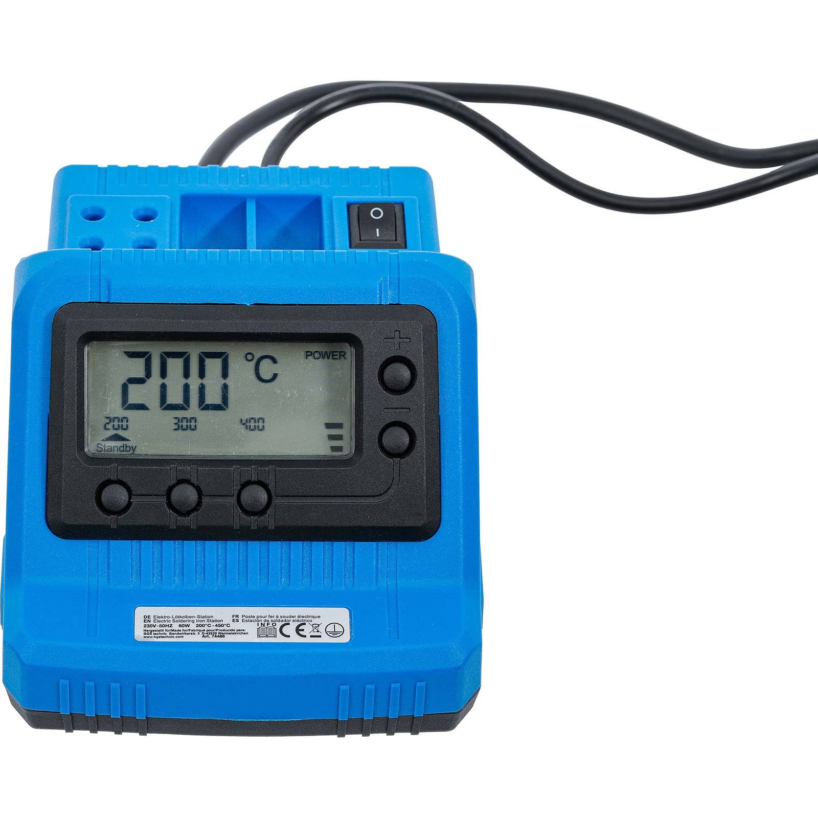 Eine blaue elektronische Lötstation mit einem digitalen Display, das '200°C' anzeigt. Ausgestattet mit Einschaltknopf, Temperatureinstellungen und einem Netzkabel.