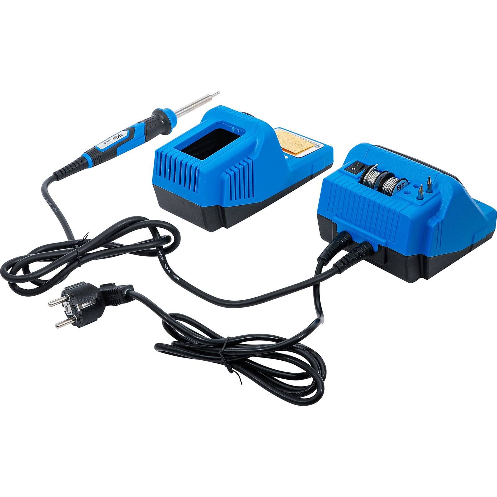 Eine blaue Lötstation mit einem Lötkolben, einstellbarer Temperaturregelung und Netzkabel, entwickelt für elektronische Arbeiten.