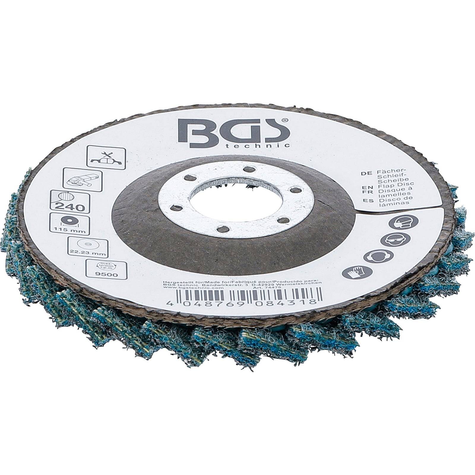 Schleiflamellenscheibe von BGS technic, Körnung 240, zum Schleifen und Finishing von Oberflächen, auf weißem Hintergrund, Produktetiketten sichtbar.