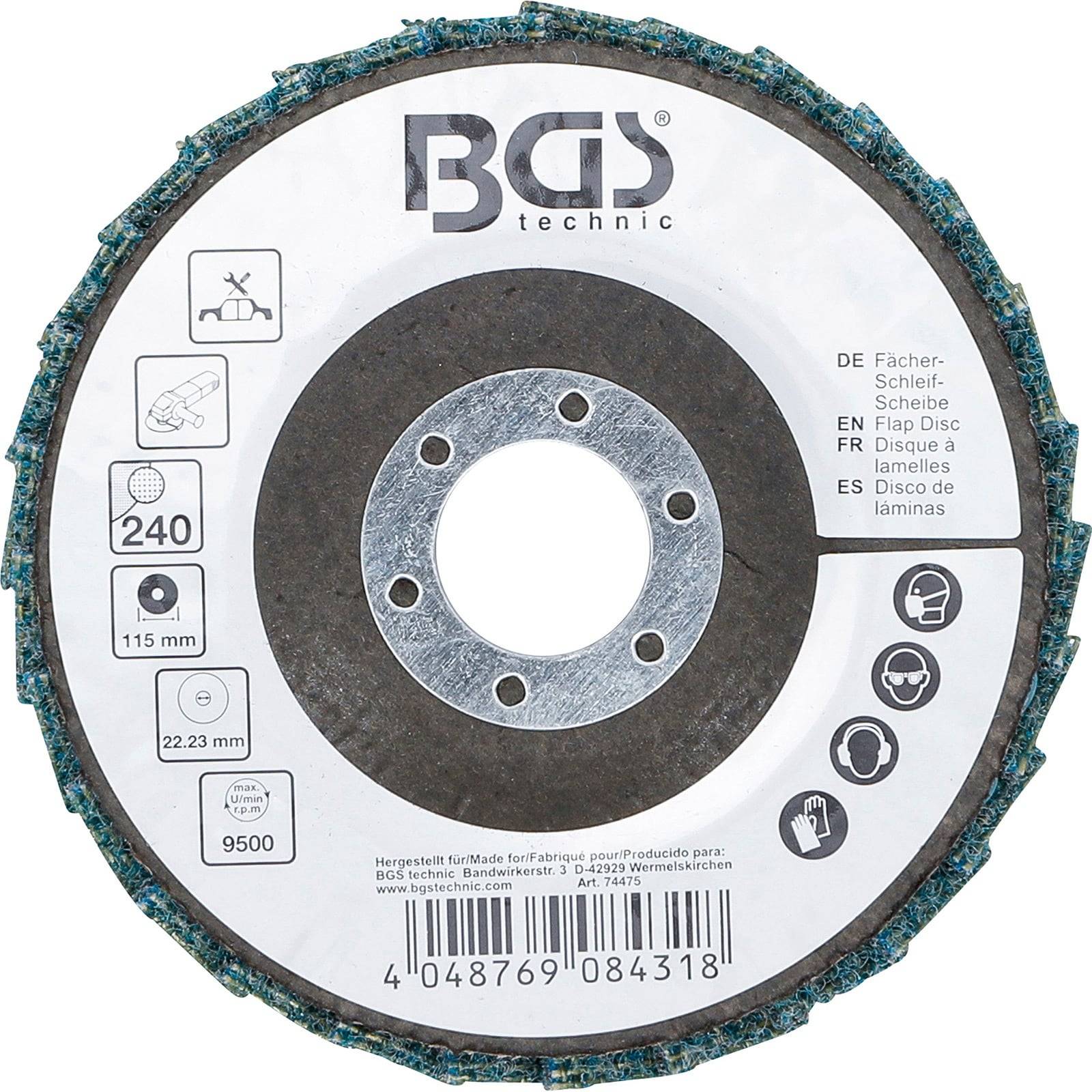 Schruppscheibe mit Spezifikationen: 240 Körnung, 115 mm Durchmesser, 22,23 mm Aufnahme, max. 9500 U/min. Enthält Sicherheitssymbole für Gebrauchsanweisung.