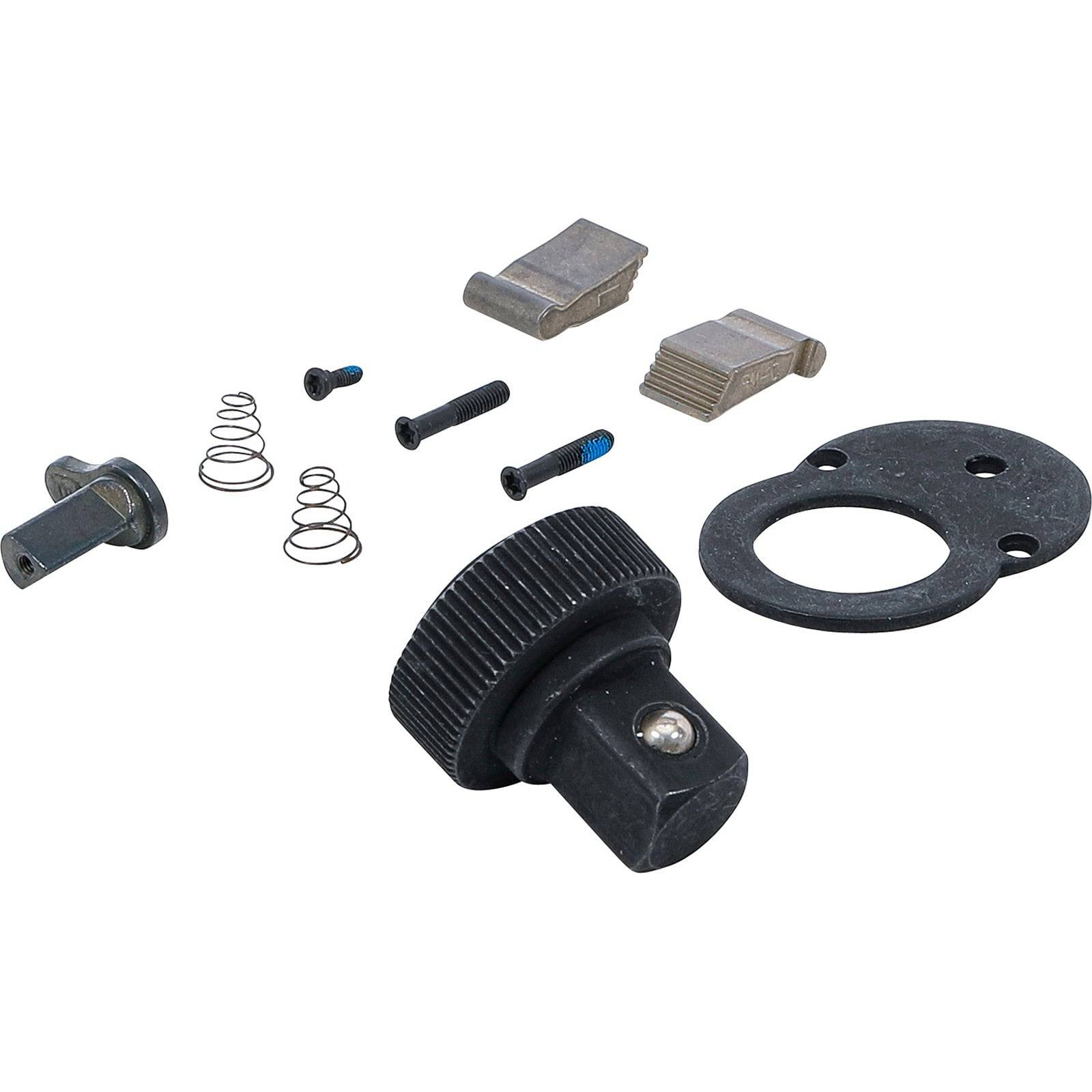 Ratsche Reparaturset, das verschiedene Komponenten einschließlich Federn, Schrauben, eines Zahnrads und anderer für Montage und Funktion notwendiger Teile zeigt.