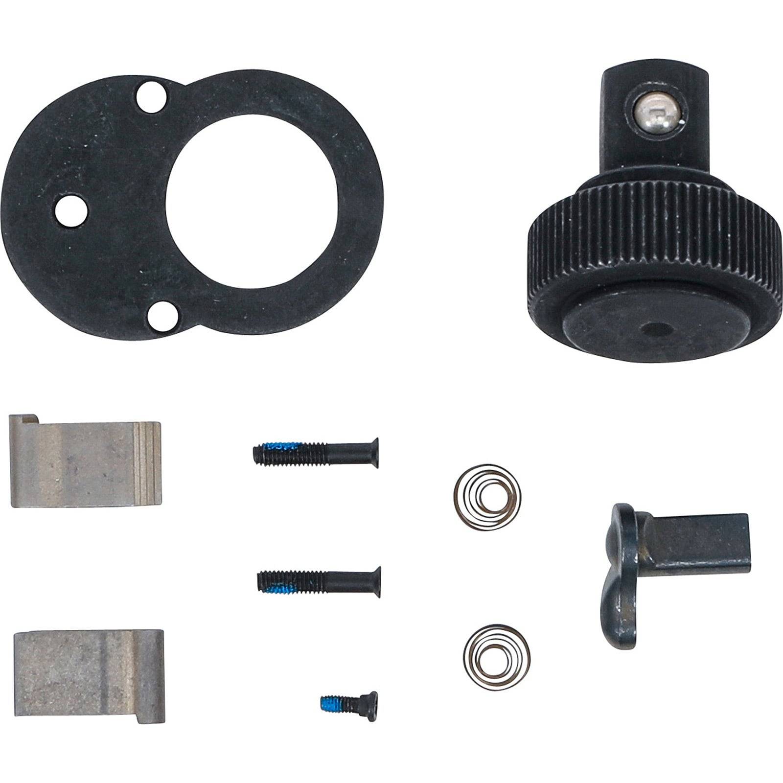 Ersatzteilset für ein Ratschenwerkzeug, bestehend aus einem Zahnrad, zwei Sperrklinken, Schrauben, Federn und einem Handknopf, auf einem weißen Hintergrund angeordnet.