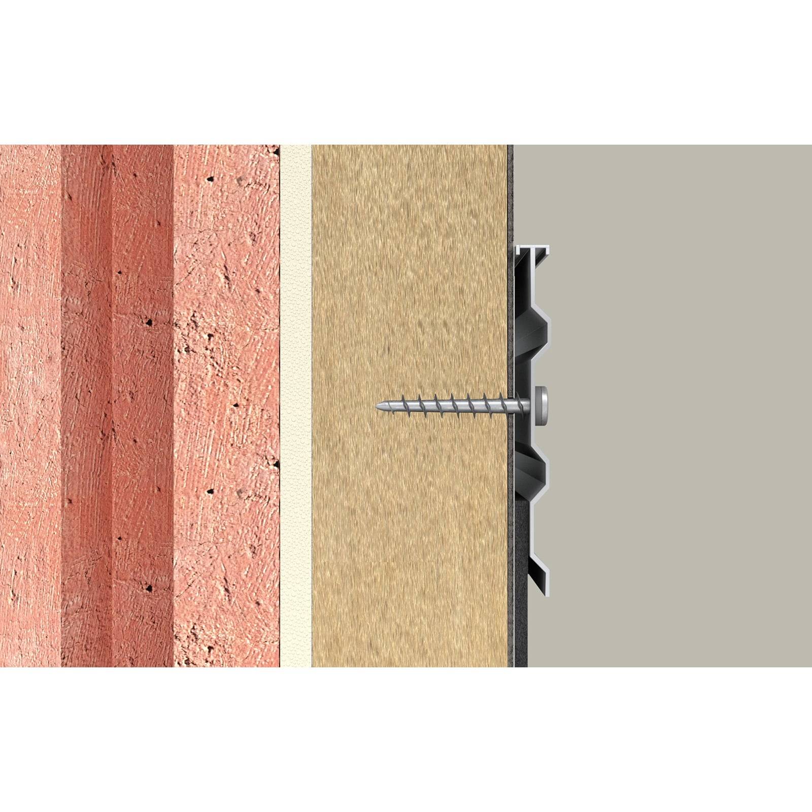 Querschnitt einer Wand, die Schichten zeigt: Ziegel, Dämmung und äußere Verkleidung, befestigt mit Schrauben.