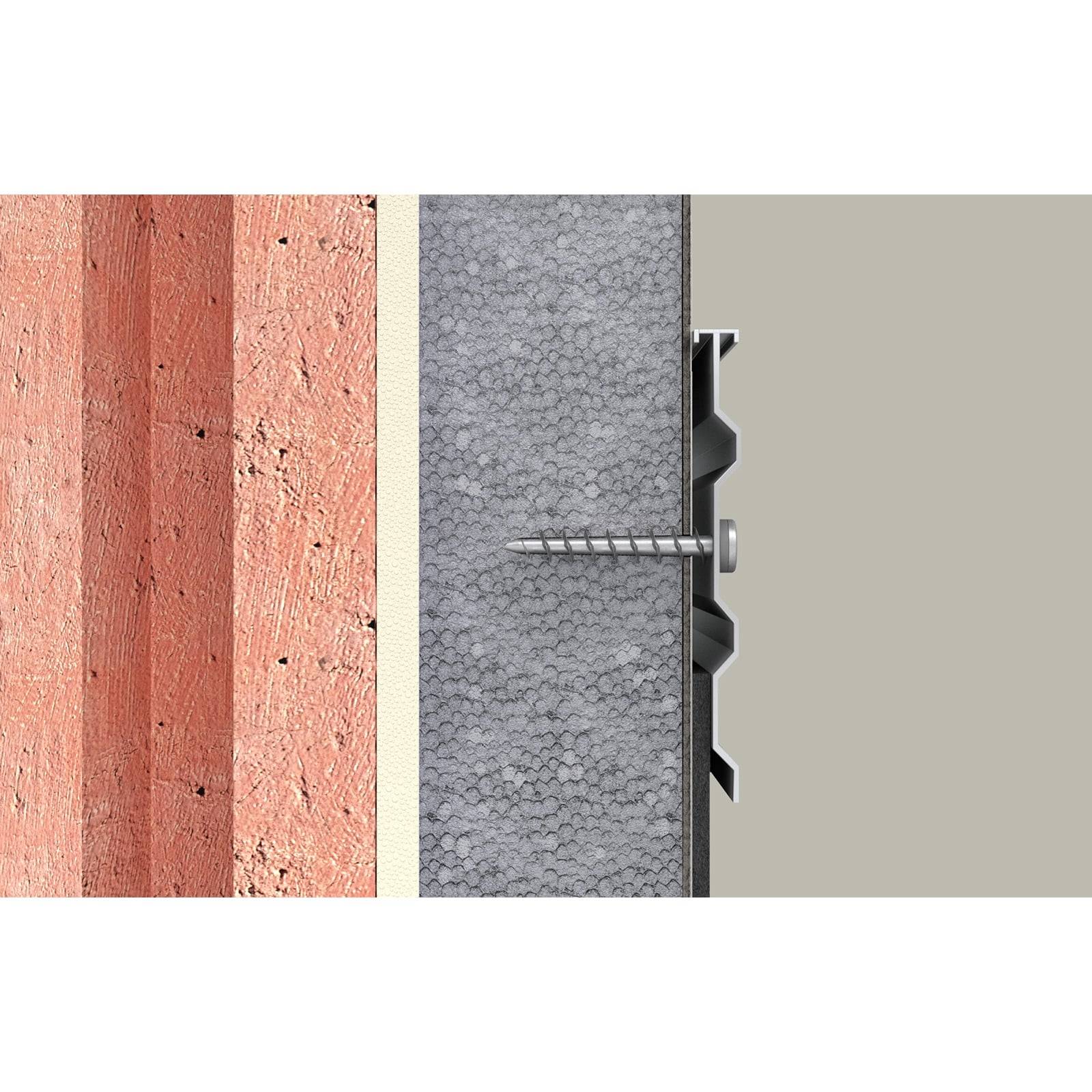 Querschnittsdiagramm, das die Schichten einer Wand mit einem Holzbalken, Dämmung und einem Metallhalter zur Befestigung der Konstruktion zeigt.