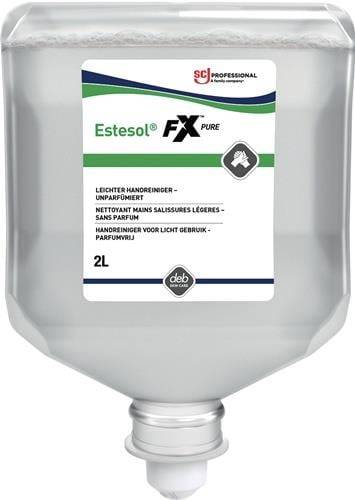 EsteSol FX Pure' 2-Liter-Handreinigerflashe mit Produktetikett in mehreren Sprachen, die das Logo der Deb Group zeigt.