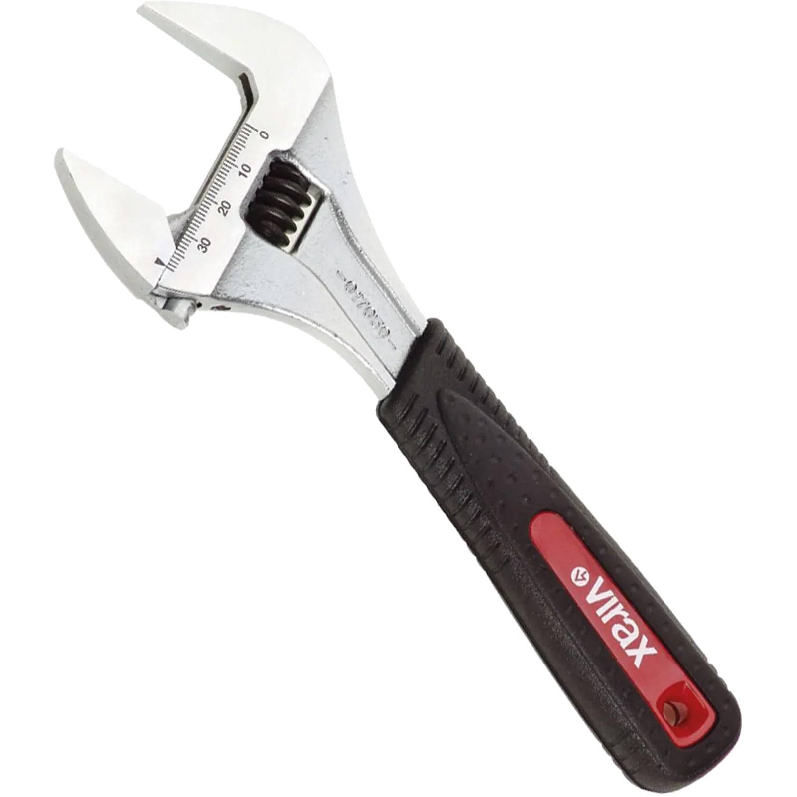 Verstellbarer Schraubenschlüssel mit einem schwarz-roten Griff, der eine Maßskala und den Markennamen 'VIRAX' zeigt.