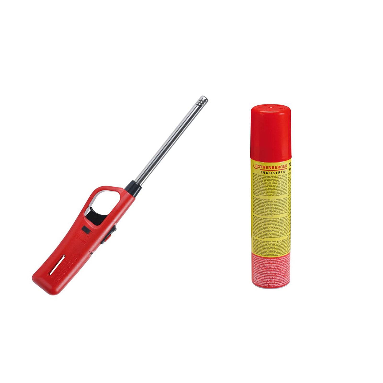 Ein roter Gasbrenner neben einer roten und gelben Spraydose.