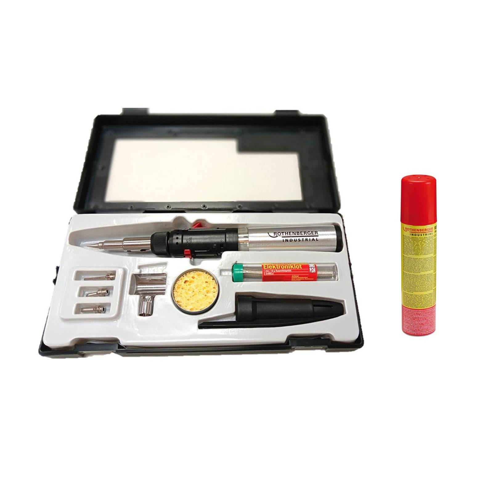 Ein Lötkolben-Set in einem Etui mit verschiedenen Spitzen, einem Schwamm, Lötzinn und einer kleinen Gaskartusche; entwickelt für elektronische Arbeiten.