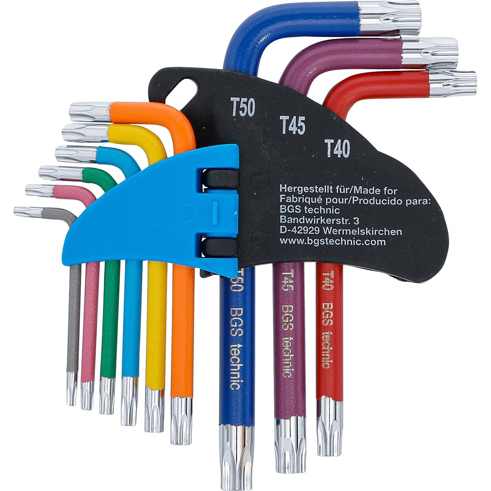 Satz von acht bunten Torx-Schraubenschlüsseln fächerförmig ausgebreitet, beschriftet von T10 bis T50. Blauer Halter mit einem schwarzen Bereich mit Produktdetails.