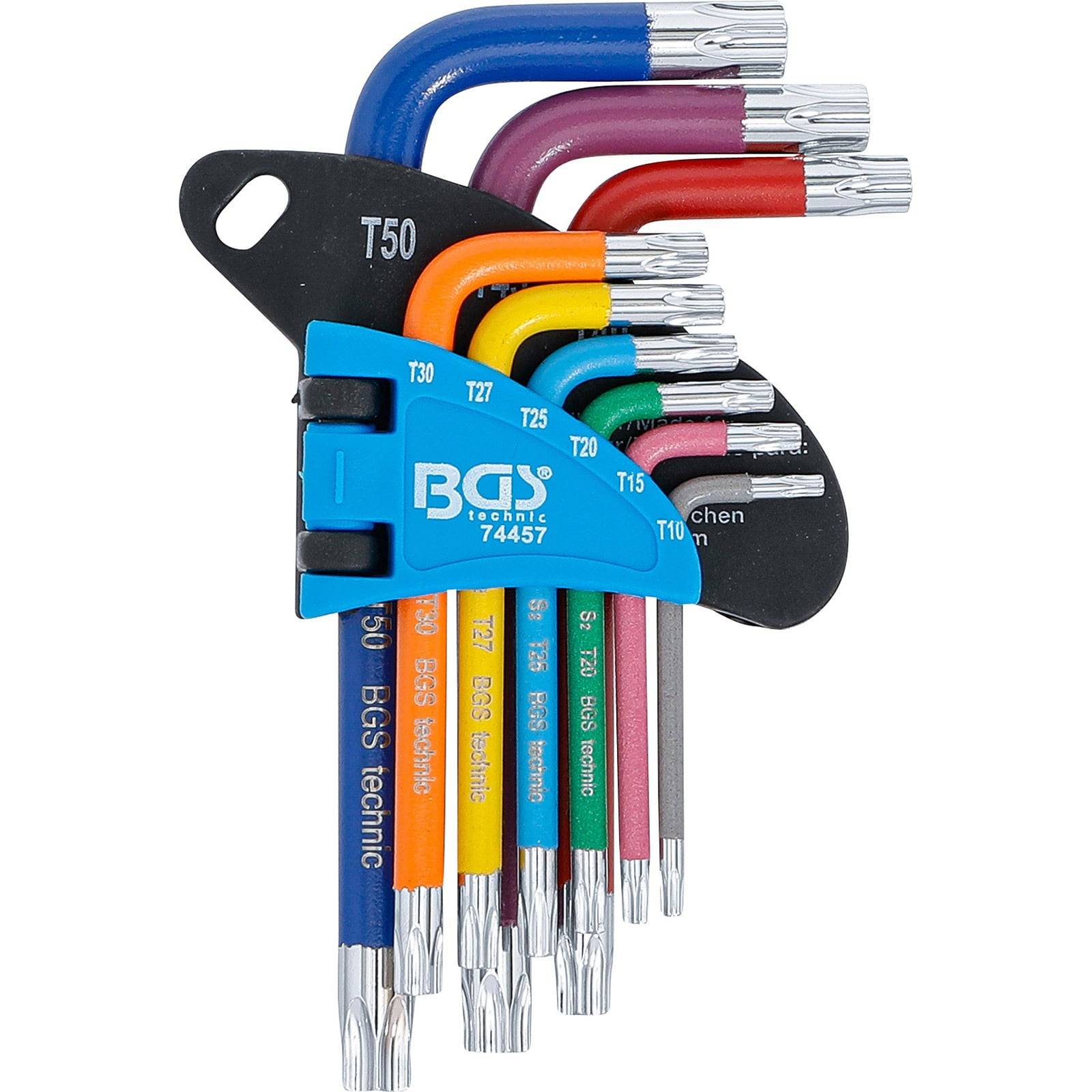 Ein Set bunter, sternförmiger Schraubenschlüssel in verschiedenen Größen, an einem schwarzen Halter befestigt, mit der Aufschrift 'BGS technic', ordentlich angeordnet.