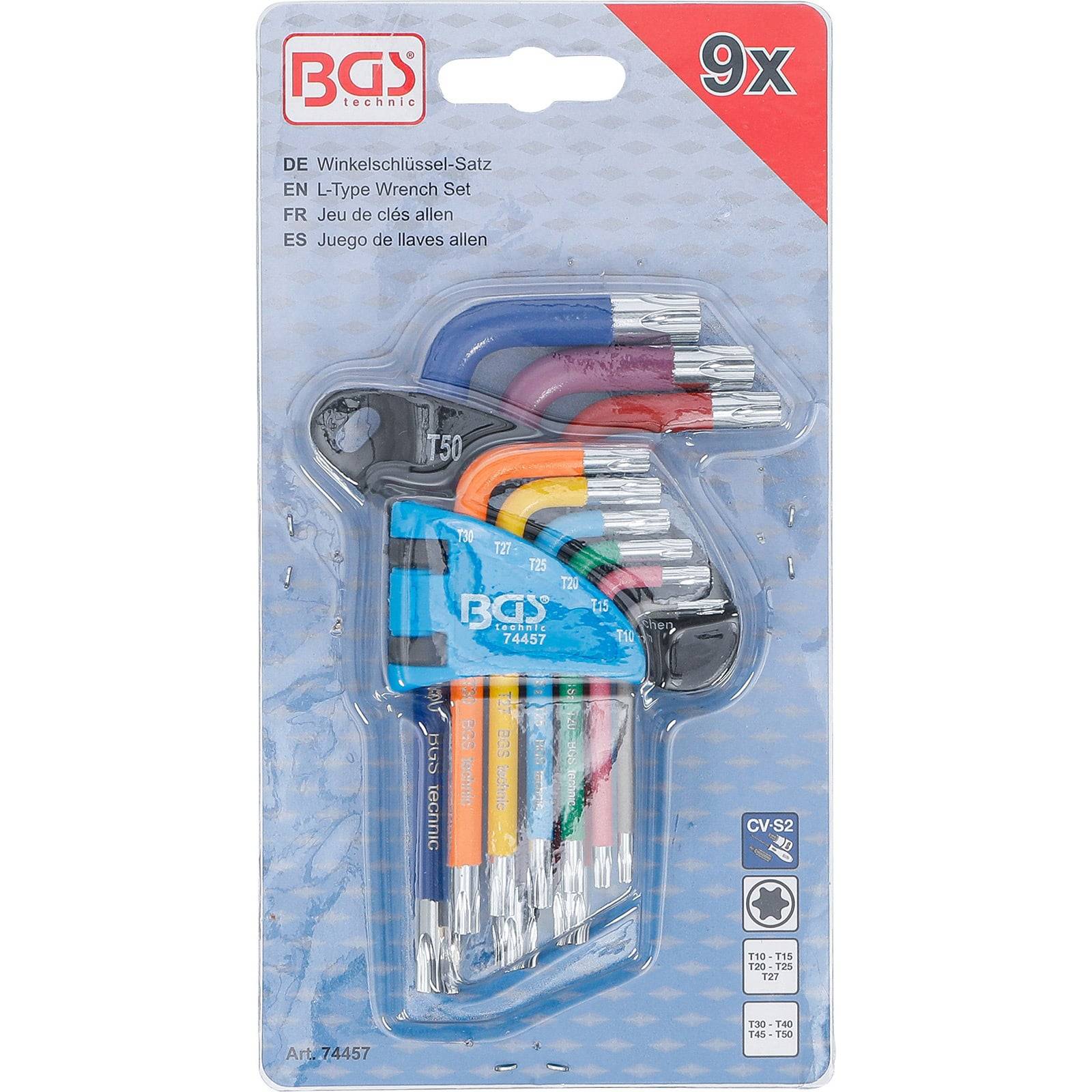 Ein Satz von 9 farbcodierten L-Schraubenschlüsseln in einer Plastikverpackung, mehrsprachig als L-Schraubenschlüssel-Set gekennzeichnet, mit angegebenen Spezifikationen.