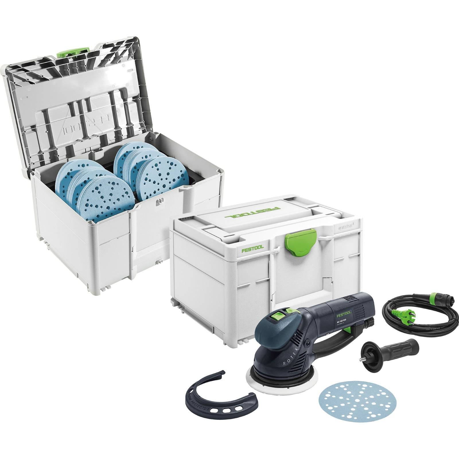 Festool Schleifmaschinen-Set mit mehreren Schleifscheiben, Netzkabel und Transportkoffer.