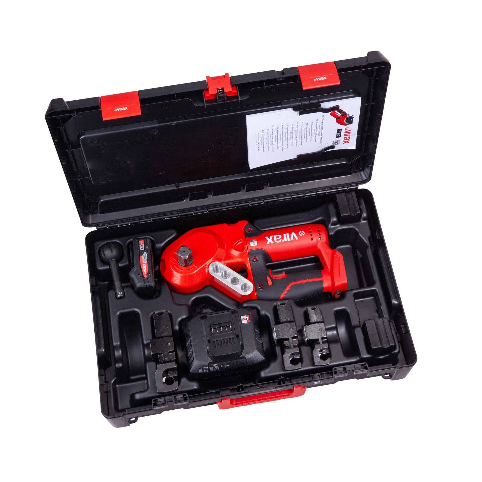 Werkzeugset in einem schwarzen Koffer mit rotem Griff und Ausrüstung, einschließlich eines roten kabellosen Cutters, Akku und Zubehör.