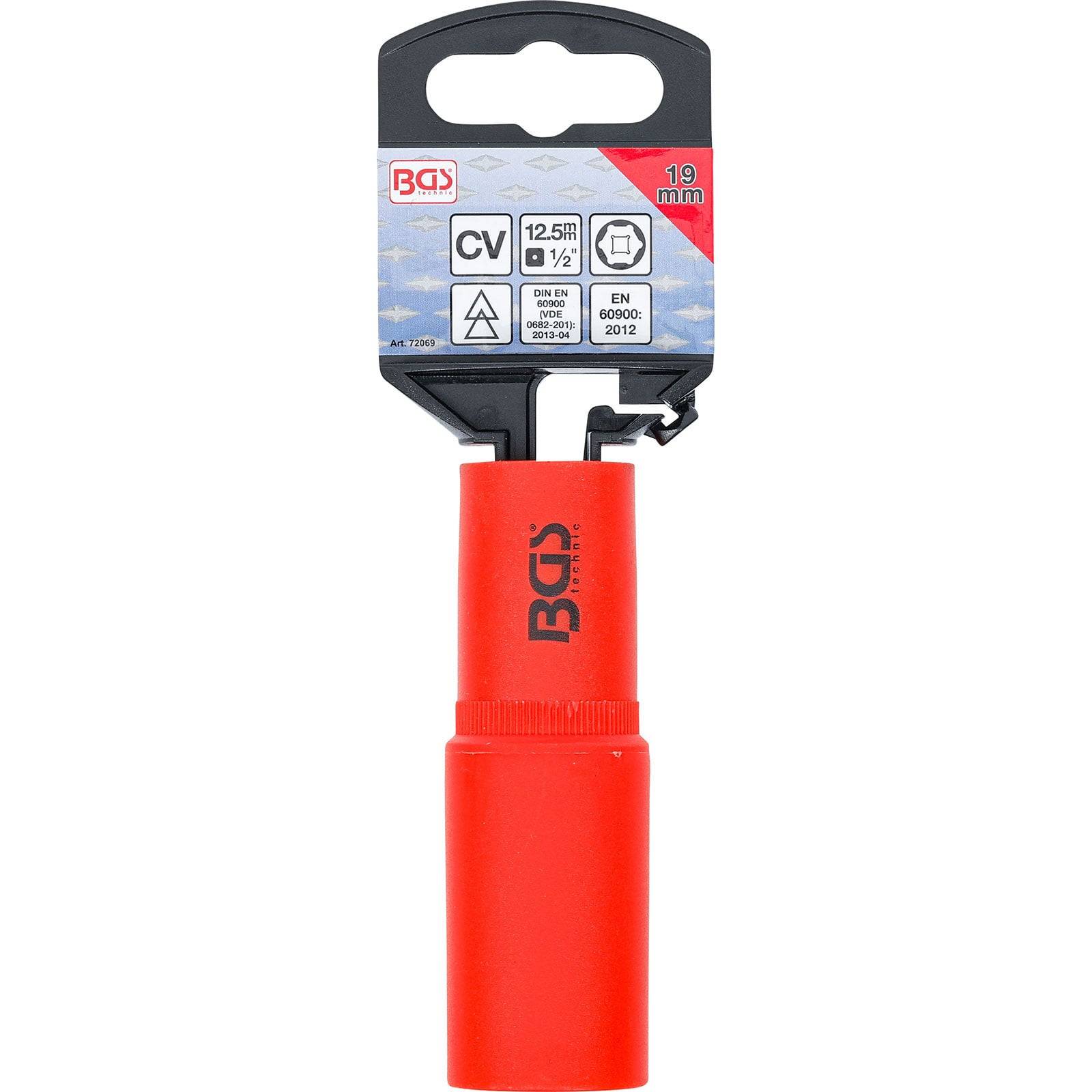 BGS Steckschlüssel 19mm, 1/2 Zoll, CV-Material, DIN 60072 2012 Standard, roter Griff, hängend an schwarzer Displaykarte.